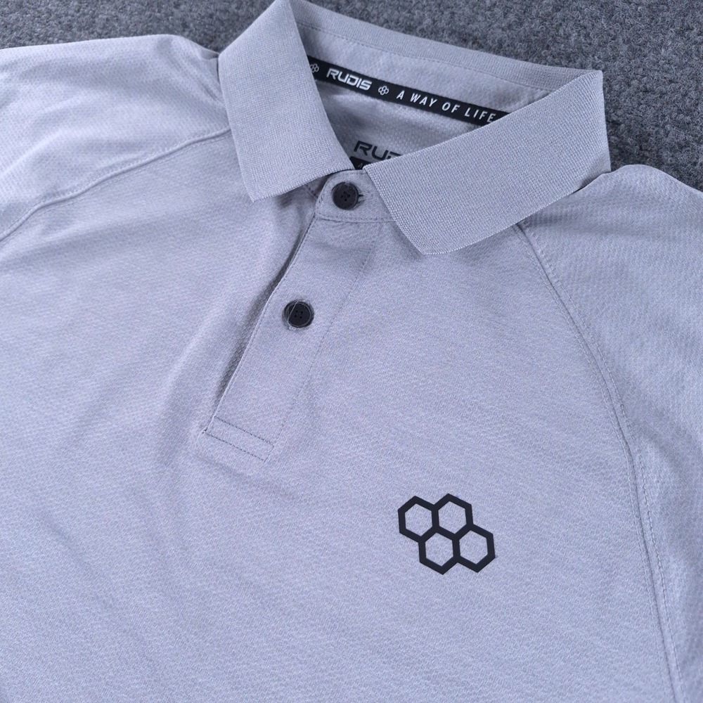 Rudis A Way of Life Mens Performance Polo Shirt Gray Honeycomb Logo Size MD